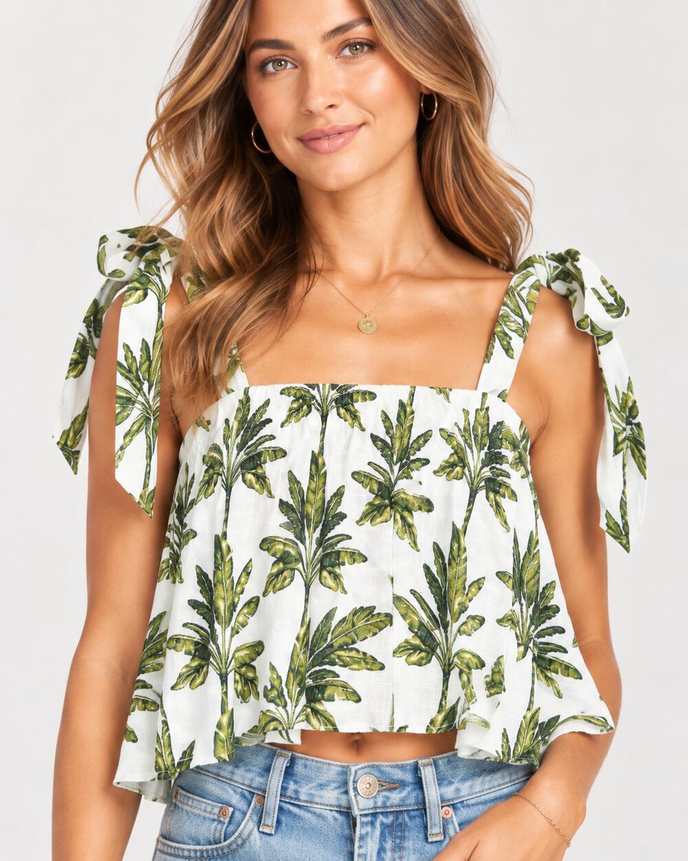 Show Me Your Mumu Poppy Swing Crop Top Green Palm Print Small NWT
